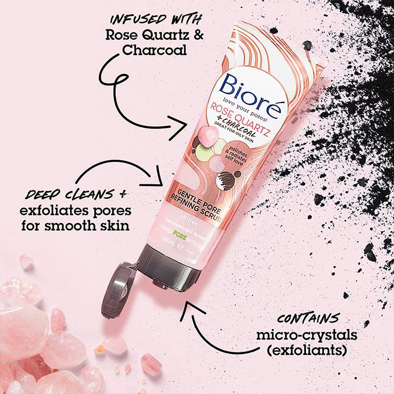 Biore Rose Quartz + Charcoal Gentle Pore Refining Scrub - 110ml (USA)