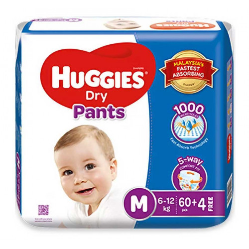 Huggies Dry Pants Baby Diaper (6-12kg) M60 + 4 Free Diaper (Malaysia)